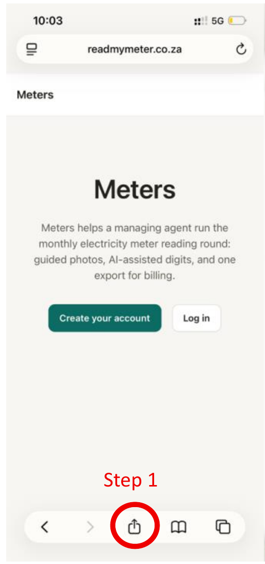 Safari's share sheet open, with the Share button circled at the bottom of the screen.
