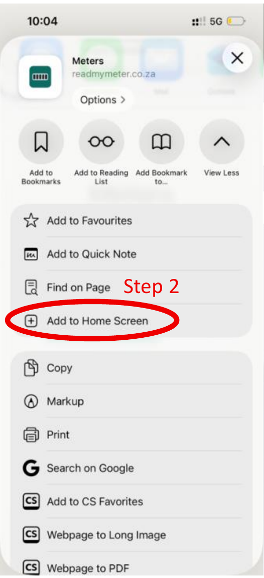 Safari's share sheet, with Add to Home Screen circled in the list of actions.