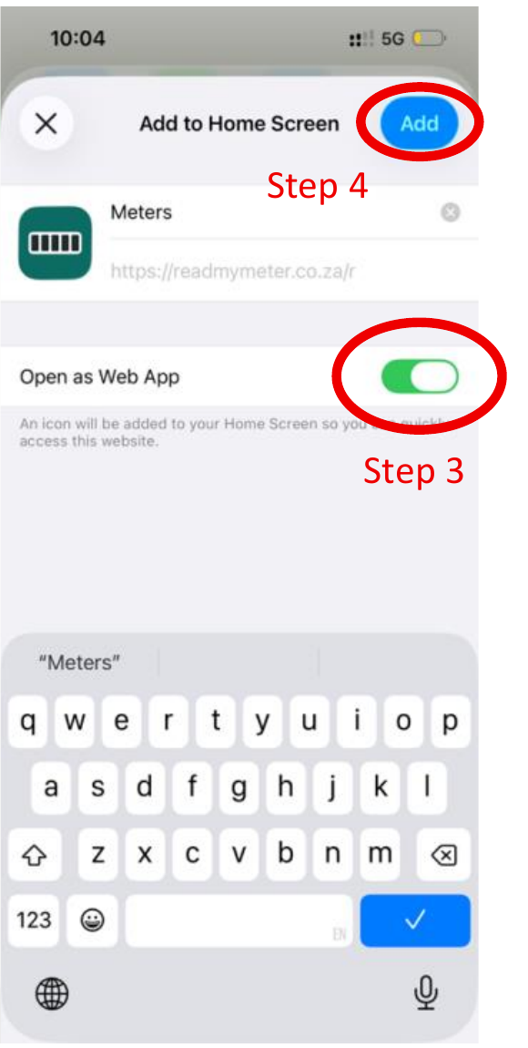 The Add to Home Screen screen, with the Open as Web App switch and the Add button circled.